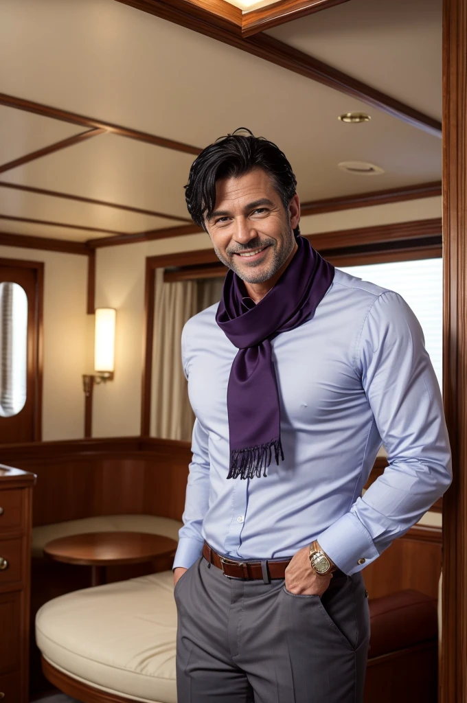 Elegant man, in his 50s, mature, Dark black hair, Short straight hair, hair up to neck height, orange eyes, black eye patch, Gray social blouse, dark blouse underneath, Purple scarf on a tie, gray social trousers, Black Social Shoes, Ivory cane, Smiling discreetly, muscular man, Interior decorations of the ship, handsome man.