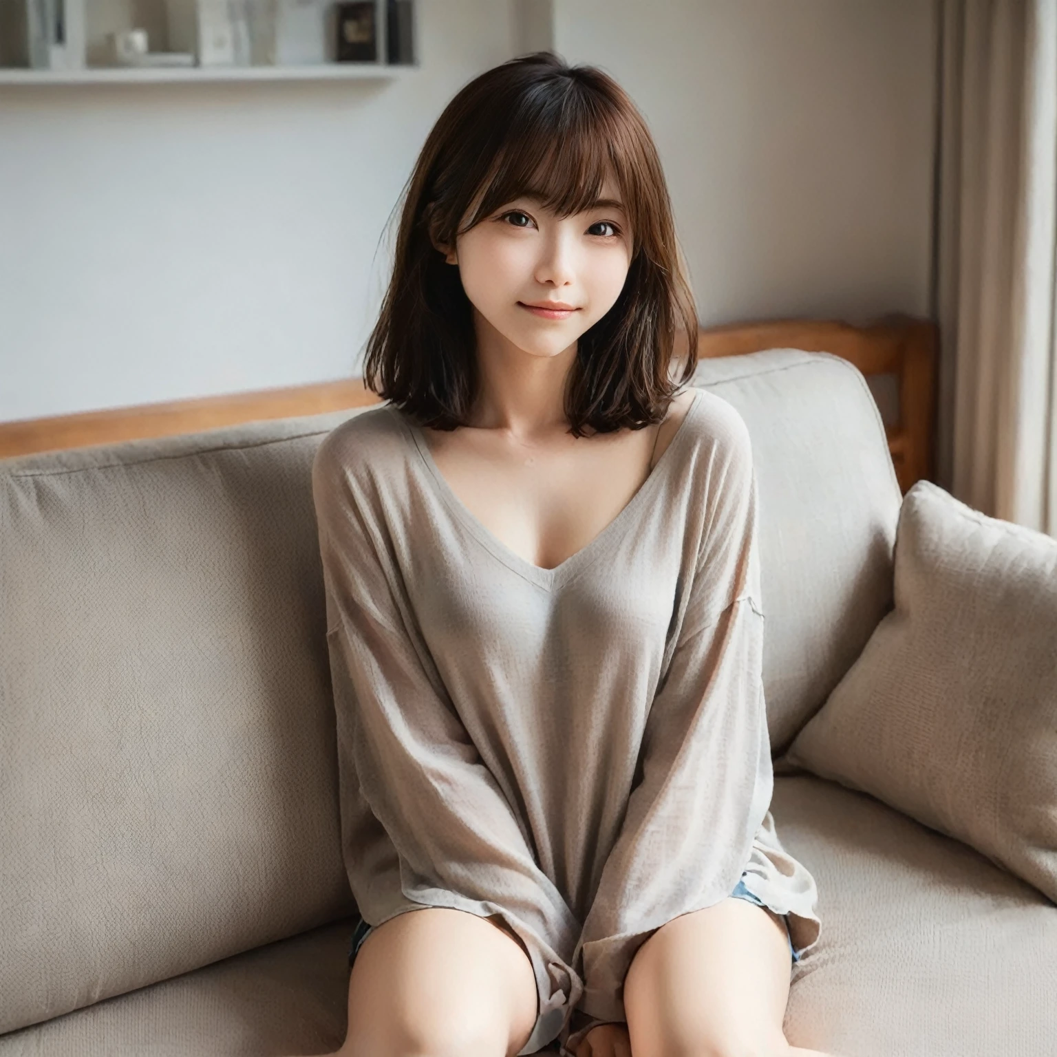 japanese 2girl, lying on the bed, (wearing a white tank-top and simple cotton shorts:2),(photoshoot style, shooting from front, upper knee statue, body facing forward), 26 years old, (toned body type:1.2, tall height 5.35 feet), (small breast :1.2, hemispherical udder silhouette:1.2), little smiling, perorbital swelling, brown fluffy and wavy short-cut hair, natural bangs, detailed brown eyes, detailed finger, suppin, no make, (photorealsitic:1.4), (high-resolution details of human skin texture:1.2, rough skin:1.2, Uneven skin tone:1.6, skin texture must be natural:1.1), top-quality, masterpiece, high resolution, raw photo, natural soft light, professional lighting