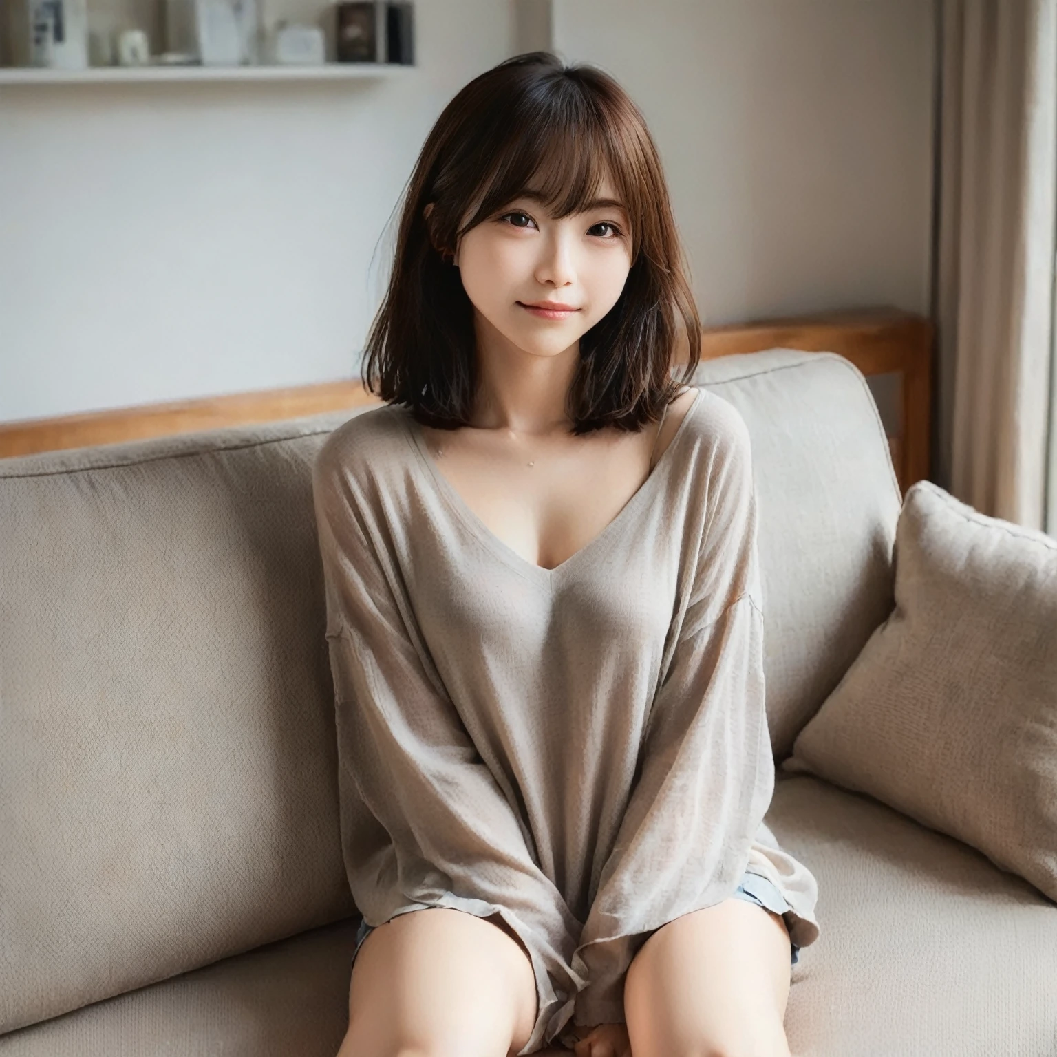 japanese 2girl, lying on the bed, (wearing a white tank-top and simple cotton shorts:2),(photoshoot style, shooting from front, upper knee statue, body facing forward), 26 years old, (toned body type:1.2, tall height 5.35 feet), (small breast :1.2, hemispherical udder silhouette:1.2), little smiling, perorbital swelling, brown fluffy and wavy short-cut hair, natural bangs, detailed brown eyes, detailed finger, suppin, no make, (photorealsitic:1.4), (high-resolution details of human skin texture:1.2, rough skin:1.2, Uneven skin tone:1.6, skin texture must be natural:1.1), top-quality, ​masterpiece, high resolution, raw photo, natural soft light, professional lighting