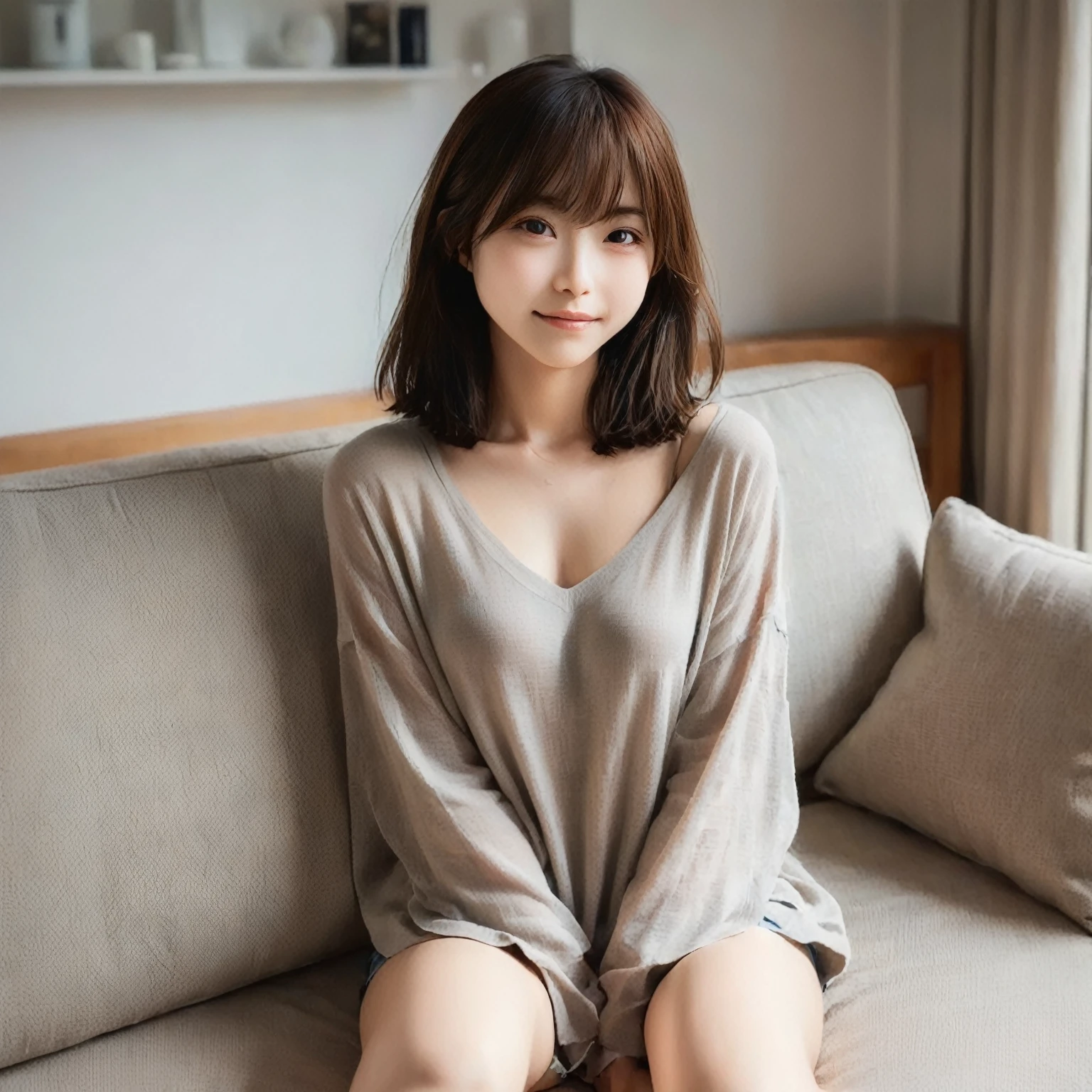 japanese 2girl, lying on the bed, (wearing a white tank-top and simple cotton shorts:2),(photoshoot style, shooting from front, upper knee statue, body facing forward), 26 years old, (toned body type:1.2, tall height 5.35 feet), (small breast :1.2, hemispherical udder silhouette:1.2), little smiling, perorbital swelling, brown fluffy and wavy short-cut hair, natural bangs, detailed brown eyes, detailed finger, suppin, no make, (photorealsitic:1.4), (high-resolution details of human skin texture:1.2, rough skin:1.2, Uneven skin tone:1.6, skin texture must be natural:1.1), top-quality, ​masterpiece, high resolution, raw photo, natural soft light, professional lighting