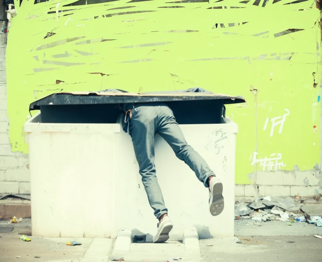 A man walks into a trash can with his legs dangling, rough graffiti background wall