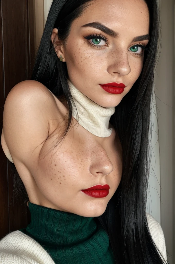 White girl, long straight jet black hair, freckles on the nose, emerald green eyes, black turtleneck sweater, wine red lipstick, dominant look, flirtatious expression, unreal beauty 