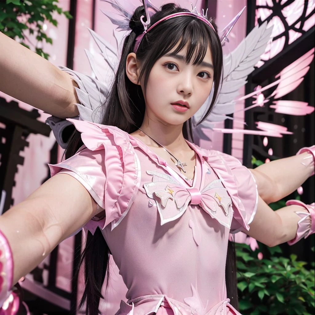 Highest quality, masterpiece, Very detailed, 8K, 14 year old beautiful Japanese woman:1.5, Small face, blunt bangs, Black hair ponytail, ((Woman crucified on the cross:1.5, Breast Augmentation Surgery)), (Detailed pink magical girl heroine costume:1.5), remote_play, remote_Vibrate、　(climax:1.5)