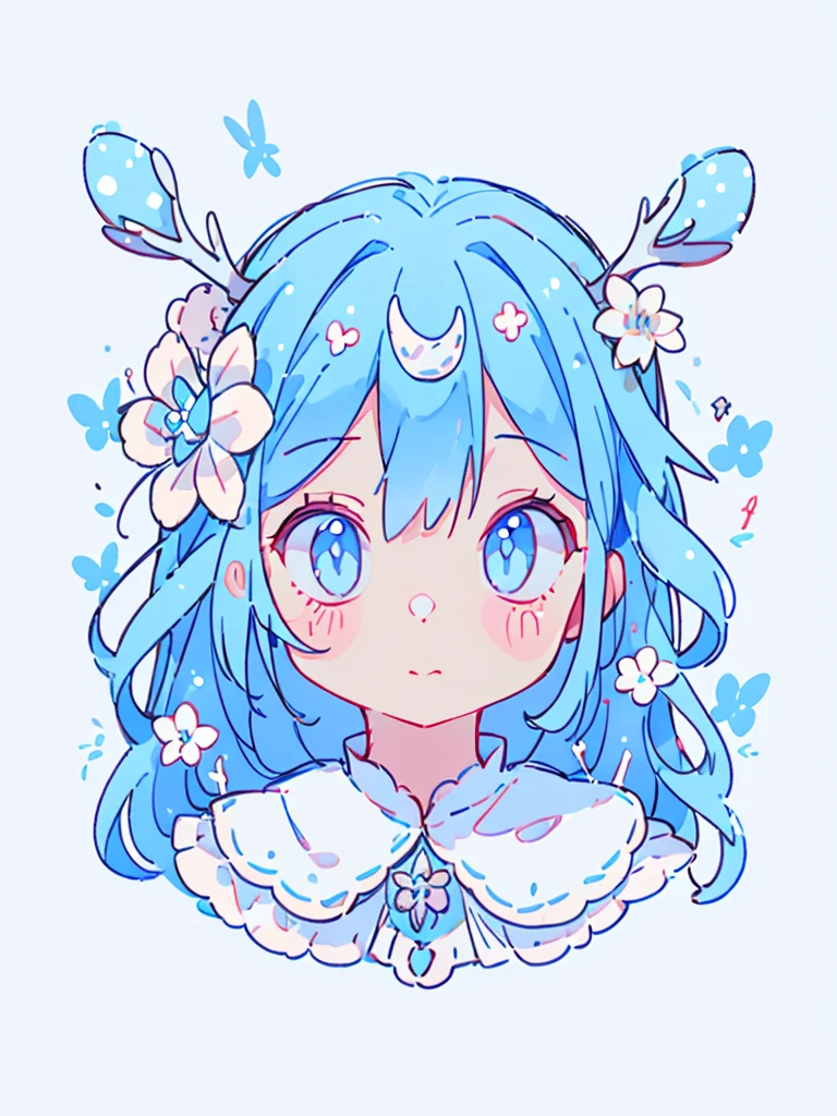 1girl, long hair, light blue hair, deer ears, white deer antlers, butterfly hair ornament, blue flower, white dress, splash background, image resolution 1024px, solo, sketch, portrait, simple background