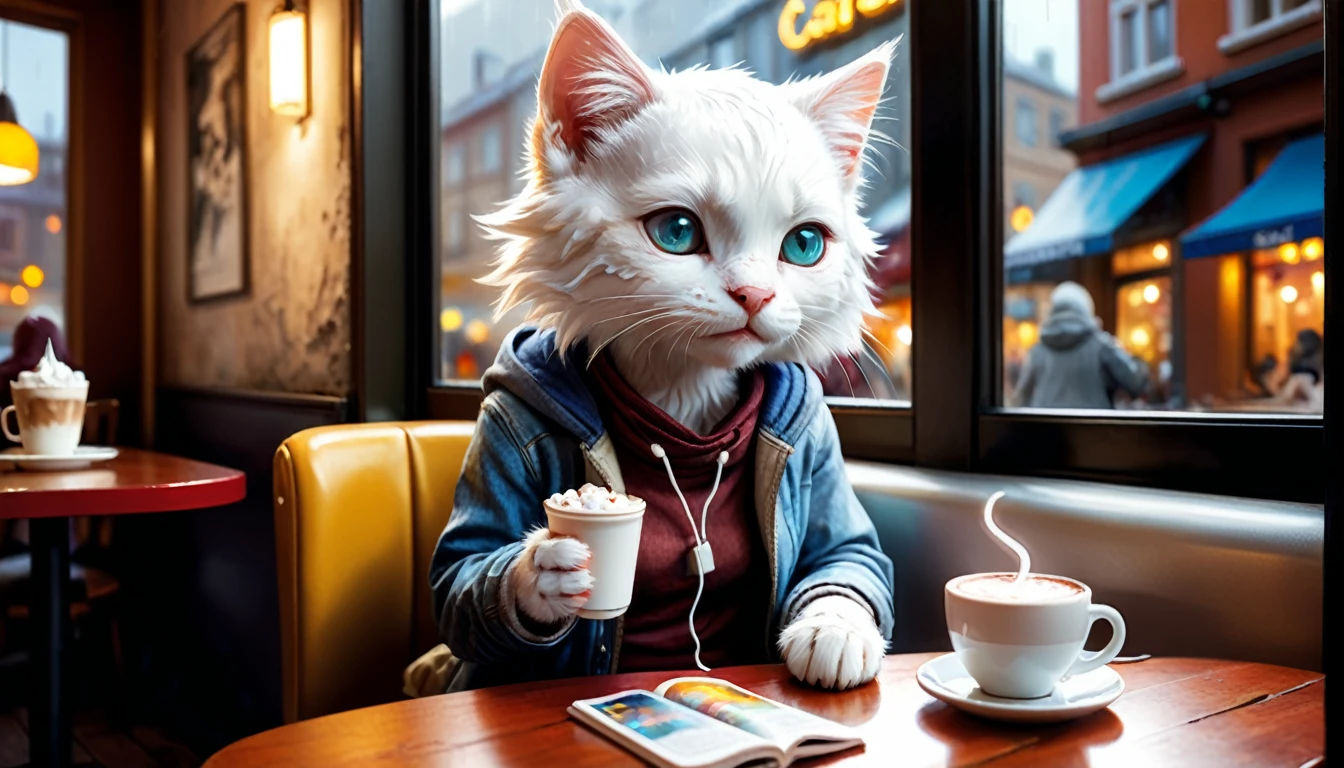 (photo cinematic), (((raining))), anthropomorphic, cute white kitten, casual clothes, sitting by the window in a cafe, drinking hot chocolate, listening to music on headphones, (reading a book), 2D, colorful, warm atmosphere, shiny, Jean-Baptiste Monge style, Alan Lee style