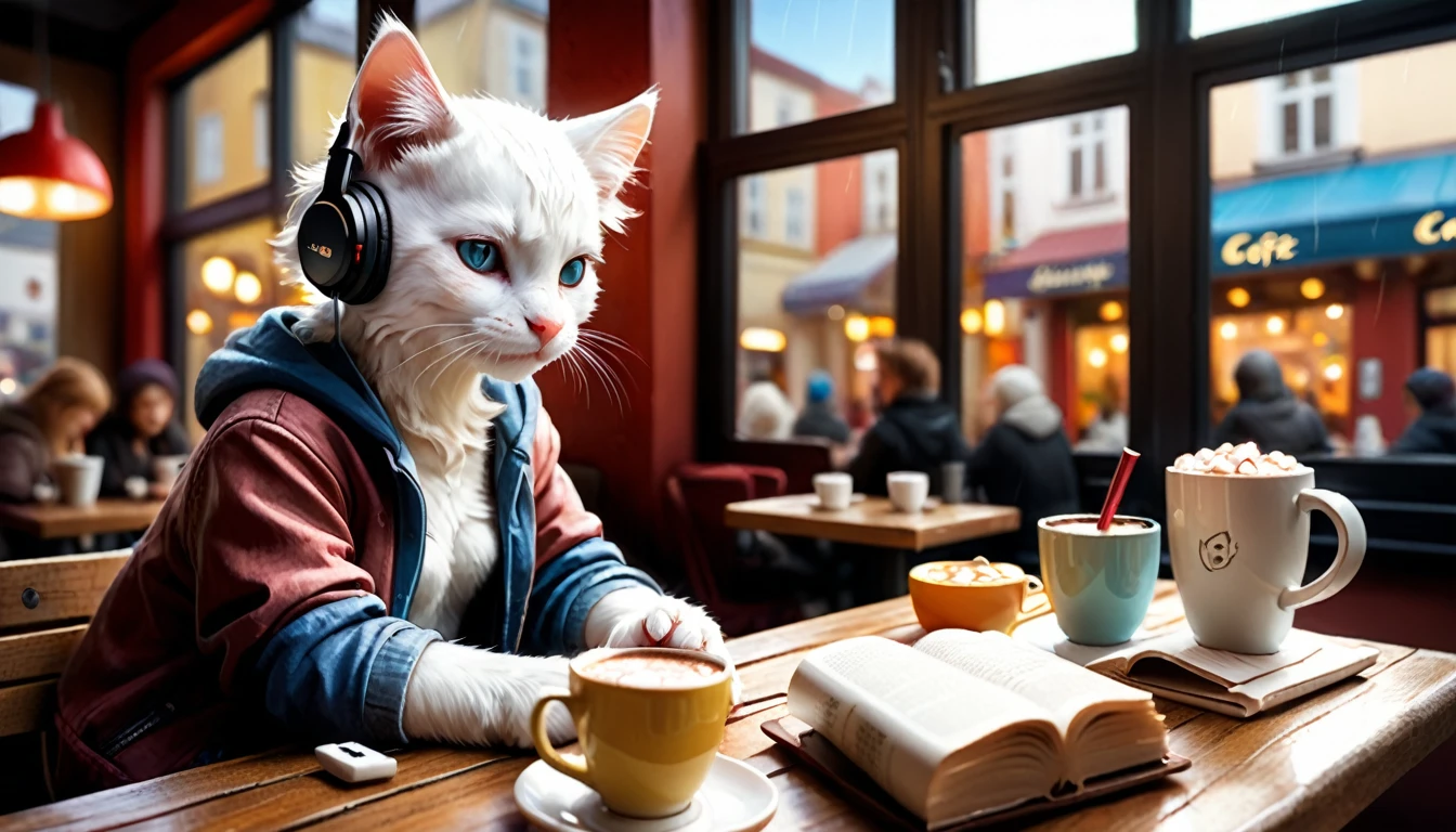 (photo cinematic), (((raining))), anthropomorphic, cute white kitten, casual clothes, sitting by the window in a cafe, drinking hot chocolate, listening to music on headphones, (reading a book), 2D, colorful, warm atmosphere, shiny, Jean-Baptiste Monge style, Alan Lee style