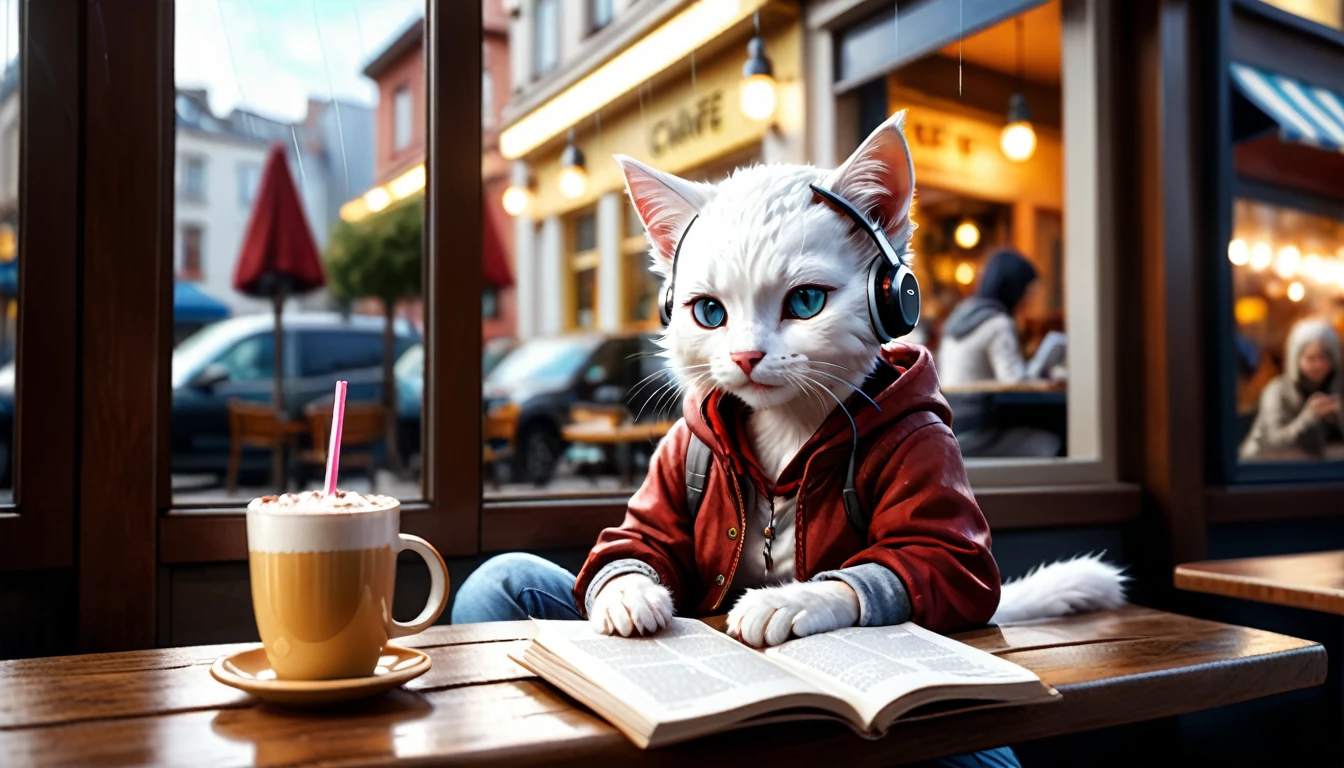 (photo cinematic), (((raining))), anthropomorphic, cute white kitten, casual clothes, sitting by the window in a cafe, drinking hot chocolate, listening to music on headphones, (reading a book), 2D, colorful, warm atmosphere, shiny, Jean-Baptiste Monge style, Alan Lee style