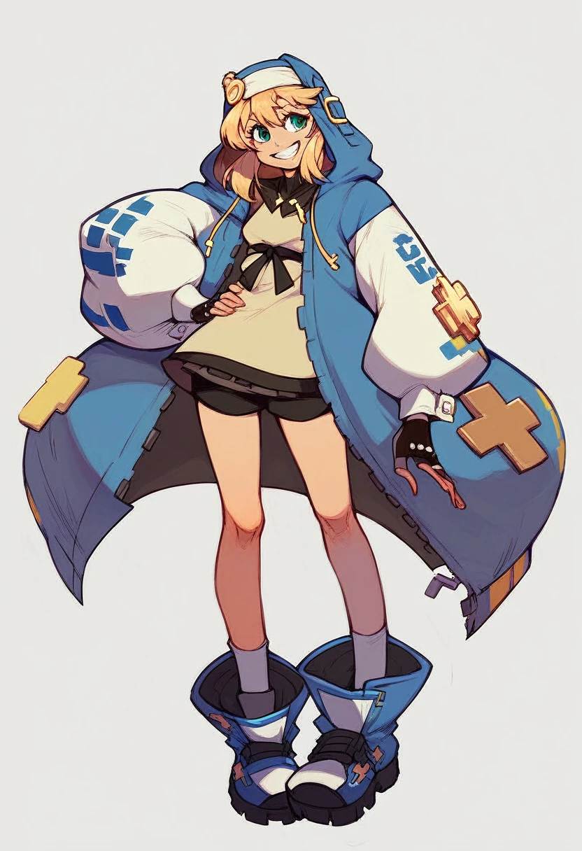 (score_9, score_8_up:1.1), 1girl, (bridget) guilty gear, oversized clothes, full body, contrapposto, hand on hip, jacket, smile, grin, teeth, jacket, shoes, boots, white background, simple background, shorts, J.C. Leyendecker Style page