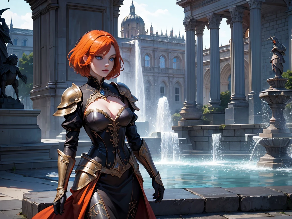 A beautiful and wonderful vampire woman, extremely detailed, short orange hair, wearing extremely detailed gothic armor, blue eyes in a fountain with statues in a medieval public square, palace, crepúsculo, 8k, linda