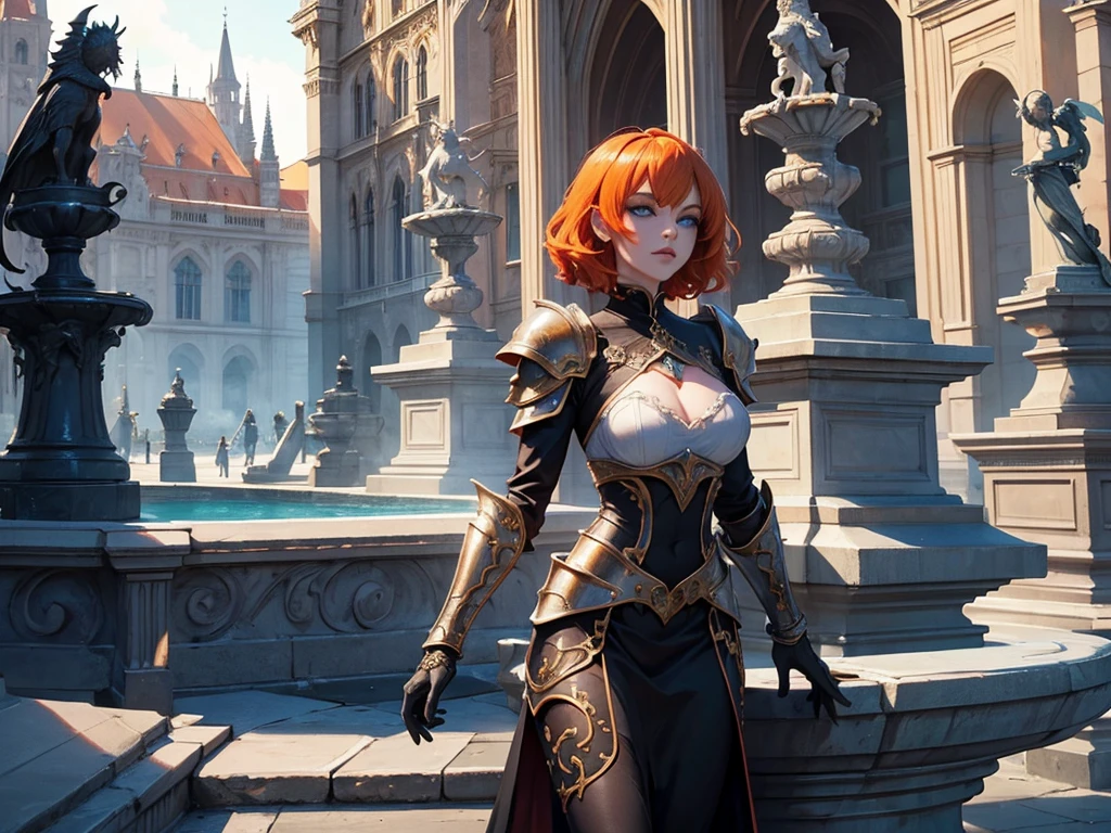 A beautiful and wonderful vampire woman, extremely detailed, short orange hair, wearing extremely detailed gothic armor, blue eyes in a fountain with statues in a medieval public square, palace, crepúsculo, 8k, linda