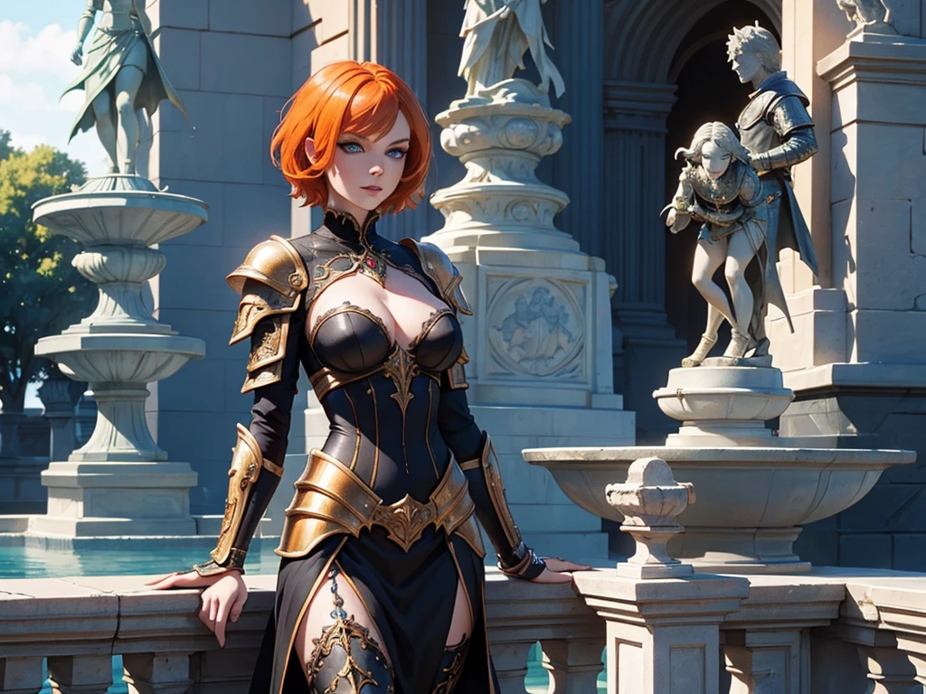 A beautiful and wonderful vampire woman, extremely detailed, short orange hair, wearing extremely detailed gothic armor, blue eyes in a fountain with statues in a medieval public square, palace, crepúsculo, 8k, linda