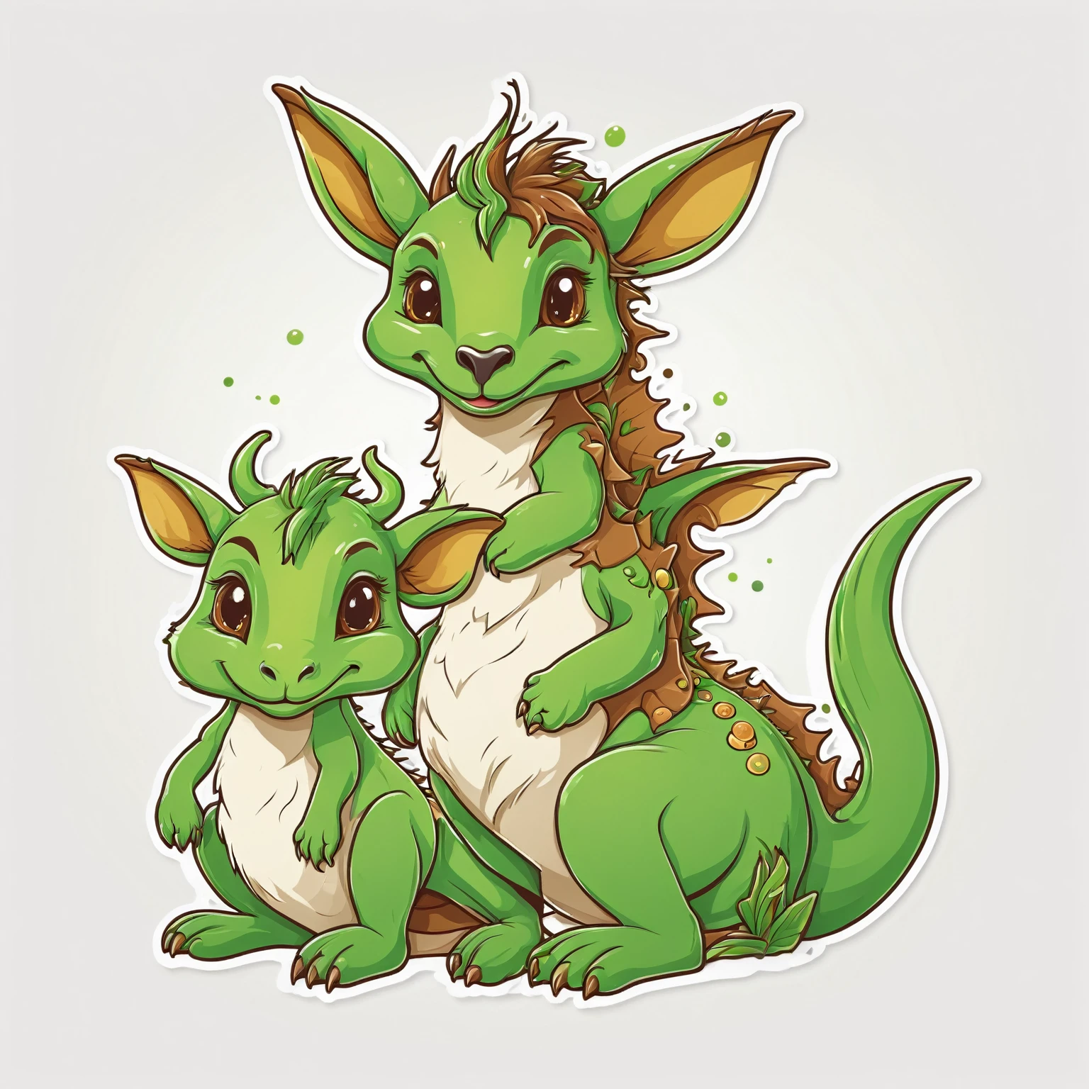 (best qualityer,high resolution,work of art:1.2),vector graphics, t shirt design, Sweet kangaroo dragon bear in green and brown that is sweet and cuddly, White background, Sticker art, comic style