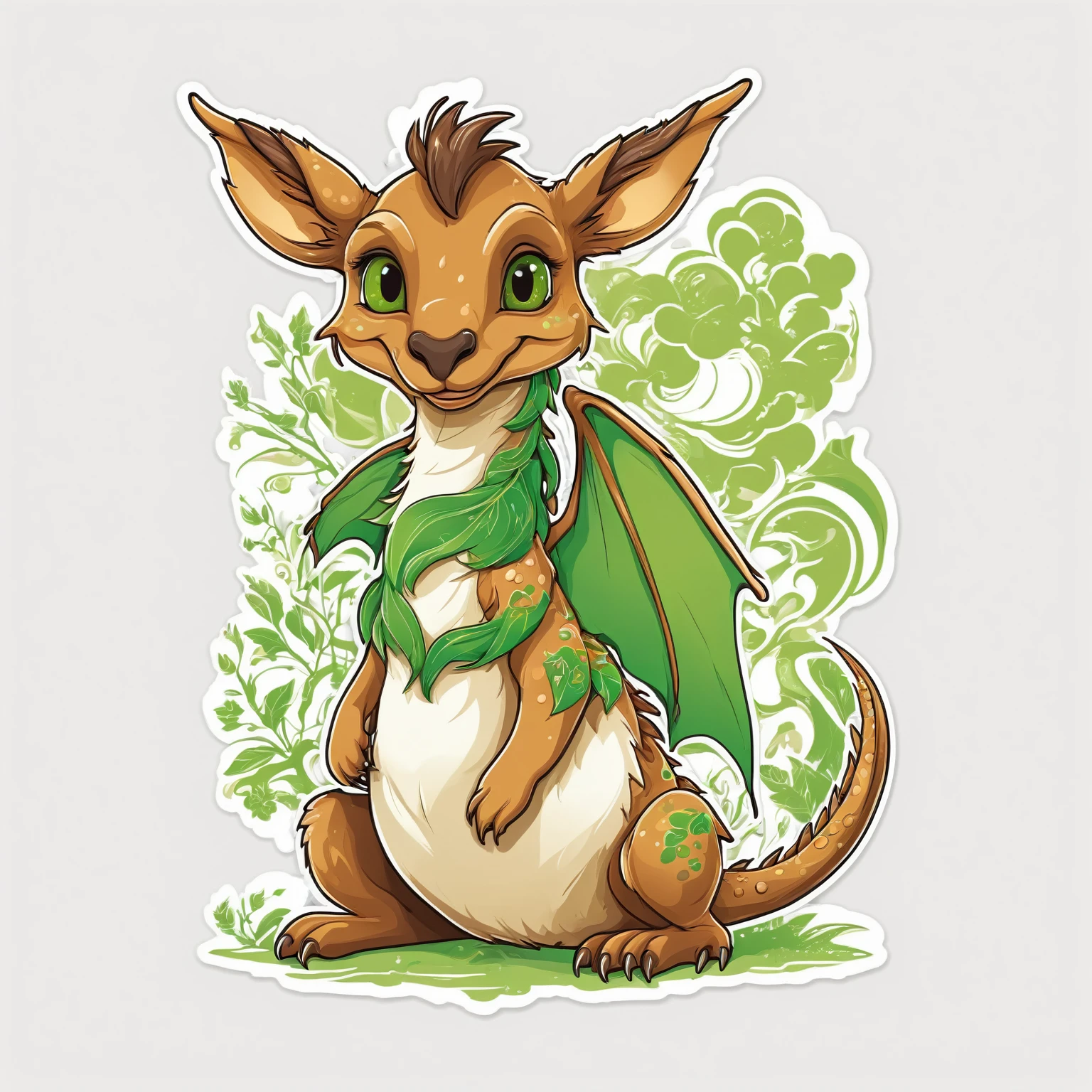 (best qualityer,high resolution,work of art:1.2),vector graphics, t shirt design, Sweet kangaroo dragon bear in green and brown that is sweet and cuddly, White background, Sticker art, comic style