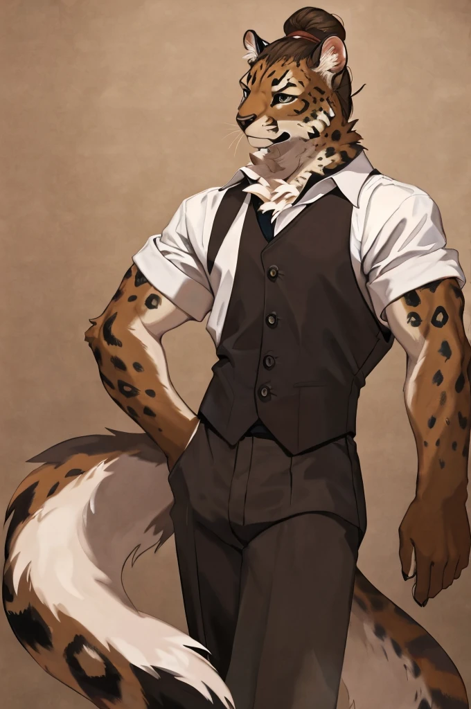 ocelot, blackfur on entire body, uploaded on e621, solo, slim build with ((neck tuft)) and (fluffy tail), (( fullbody)), BREAK, (detailed Kogito), BREAK, [realistic proportions], [sharp focus], (questionable content), (shaded), ((masterpiece)), BREAK, wearing white button up shirt, black sweater vest, dark tan pants, fancy, manbun