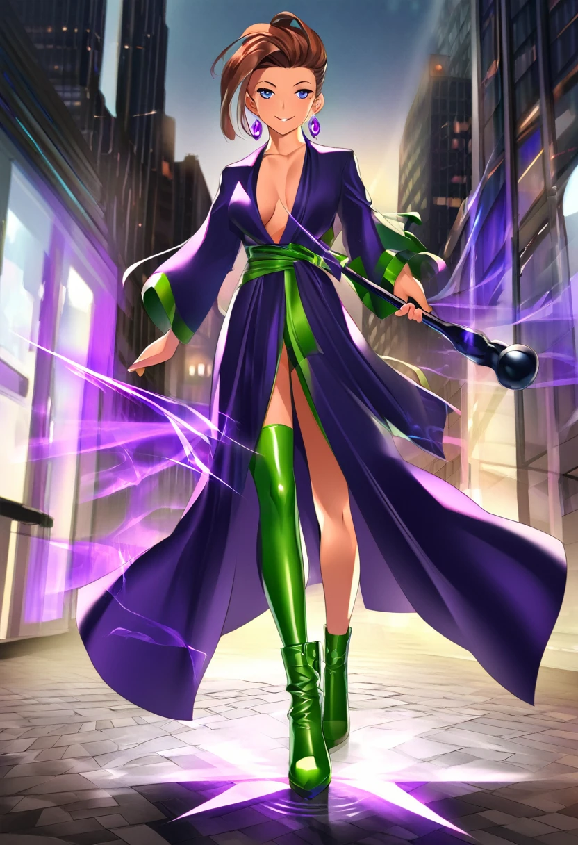 ((Wizard)), Masculine, tall, slicked back with elegant and modern quiff, middle-aged, front view, tanned, smooth, radiant, healthy skin, bright, navy blue eyes, with highlights, ((wearing a flowing purple robe with intricate pink details)), confident smile, mouth semi-open, relaxed expression, orange and brown hair, pompadour hairstyle, shiny, detailed, (((navy blue earrings))), elegant, (((black trousers))), ((((green leather boots)))), many accessories, full body, holding a staff adorned with crystals, modern city background, office building, elegant, illuminated, 8k quality, extremely detailed, masterpiece, high resolution, realistic skin texture, hyper realistic, increase resolution, raw photos, best quality, highly detailed, background screen, cinematic lighting, ray trace, golden ratio, dynamic angle, looking at viewer, in elegant position, best posture, ((full body)), (((magical aura)))