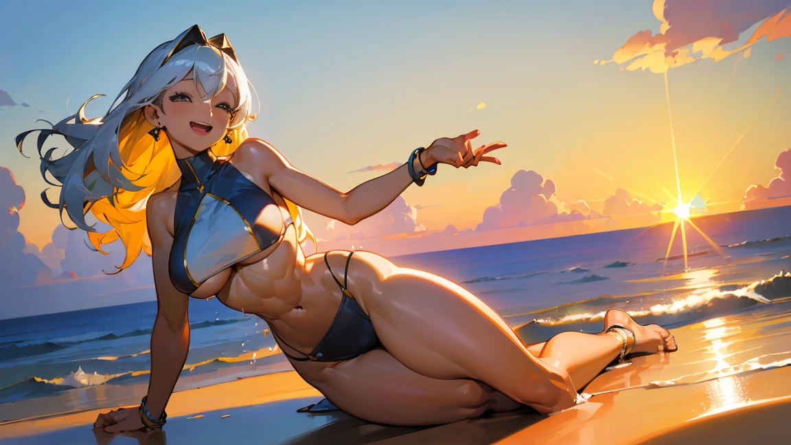 ((Highest quality、8k,masterpiece:1.3))、Sharp Focus:1.2、(Beautiful woman with perfect figure:1.4),smile,Silver Hair、 (Abdominal muscles:1.2),((Huge breasts:1.4))、(Sway Back Stance:1.3),(bikini:1.1)、(Earrings:1.3)、Wine bottle、Beautiful sunset beach、Highly detailed face and skin texture、Detailed eyes、double eyelid、(Bursting Busty:1.3),(Big Ass),(Thick thighs:1.3),Happy smiling face with open mouth,(Brown skin color:1.4),(Sunburned skin:1.4)、5Hand with two fingers、Perfect light、Happy smile with open mouth in ecstasy,,Beautiful and sparkling sea、Beautiful sunset、Lie down and lie down,Variety is coridescent sunset