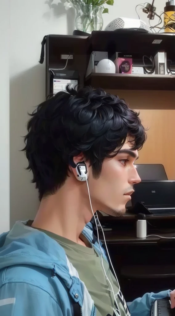 there is a man sitting at a desk with a laptop and headphones, with short hair, profile pose, boy has short black hair, right hand side profile, with head phones, profile view, side view profile centered, side of head, short hair on sides of head, sideburns, wearing headphones, wearing gaming headset, profile shot, short hair cut, sideview, mewing, looksmaxxing