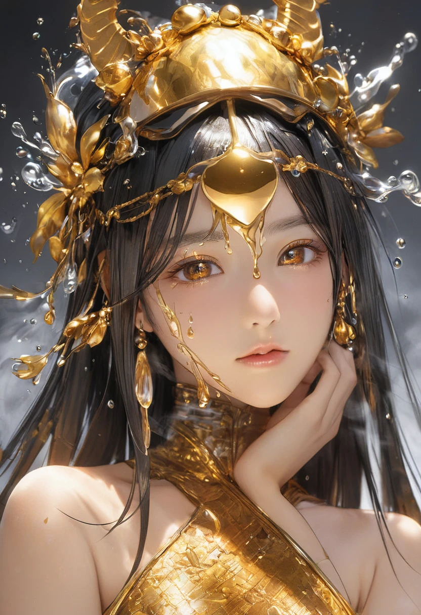 One girl, Female gold spirit, Metal hair, Boiling mercury inside, Put a few drops of mercury on the skin,