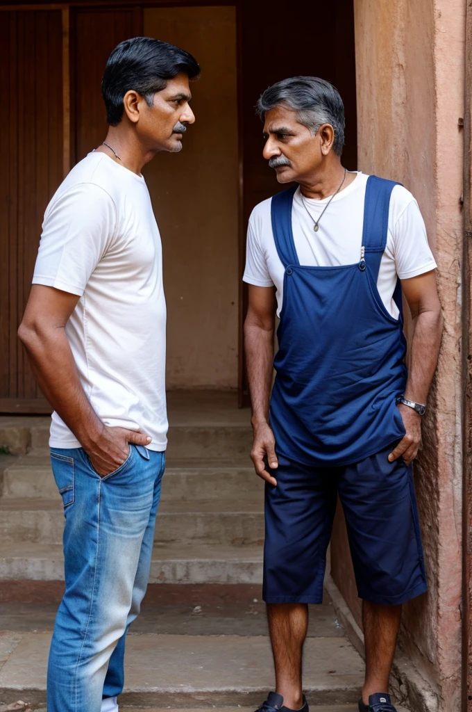 An indian 55 years old man talking seriously to his 20 year old son.