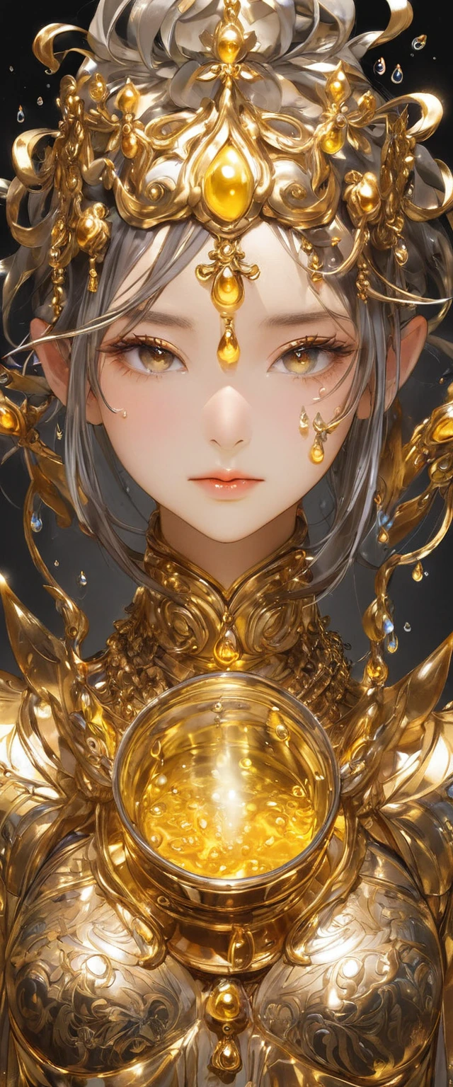 One girl, Female gold spirit, Metal hair, Boiling mercury inside, Put a few drops of mercury on the skin,