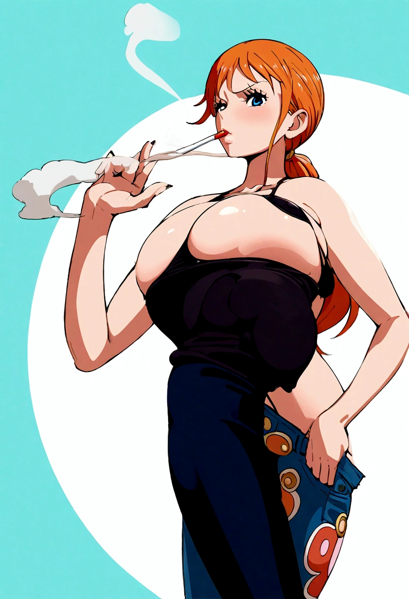 a cartoon picture of a woman in a bikini top and jeans, nami one piece, nami from one piece, nami, beautiful portrait of nami, from one piece, oppai, blue eyes, smoking, ponytail, nsfw