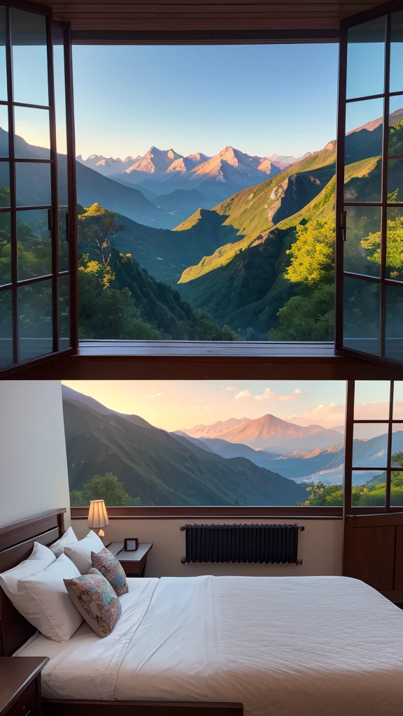 (masterpiece,Highest quality:8K) Affordable bedroom with mountain views and balcony, Beautiful views, A soothing and comfortable landscape, Detailed view, インスタグラムの写真 Nice views, beautifully、aesthetic, Beautiful nature in the background, Amazing scenery in the background, 8K Photorender Reality Engine, Beautiful views, Overlooking the valley, Nice views, beautiful place, paradise in the background