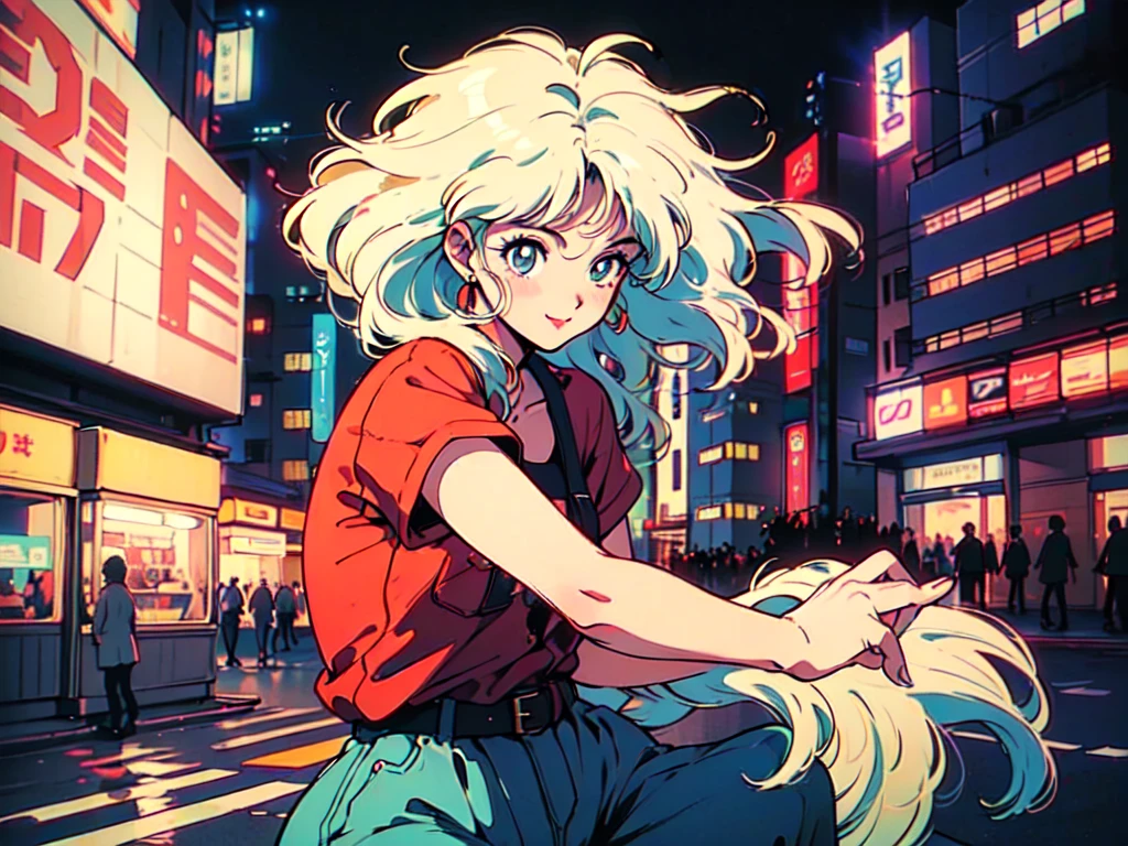 (80's, Retro, City Pop:1.5), (Album cover), (masterpiece, Highest quality, Exquisite detail), (anime, figure), (pastel colour:1.3), Best Photo Poses, Dynamic Angle,
girl, alone, smile, A perfect eye for detail, Delicate face, Big glasses, Long blonde hair, Curly cityscape, City of night, Tokyo, High Fashion, 