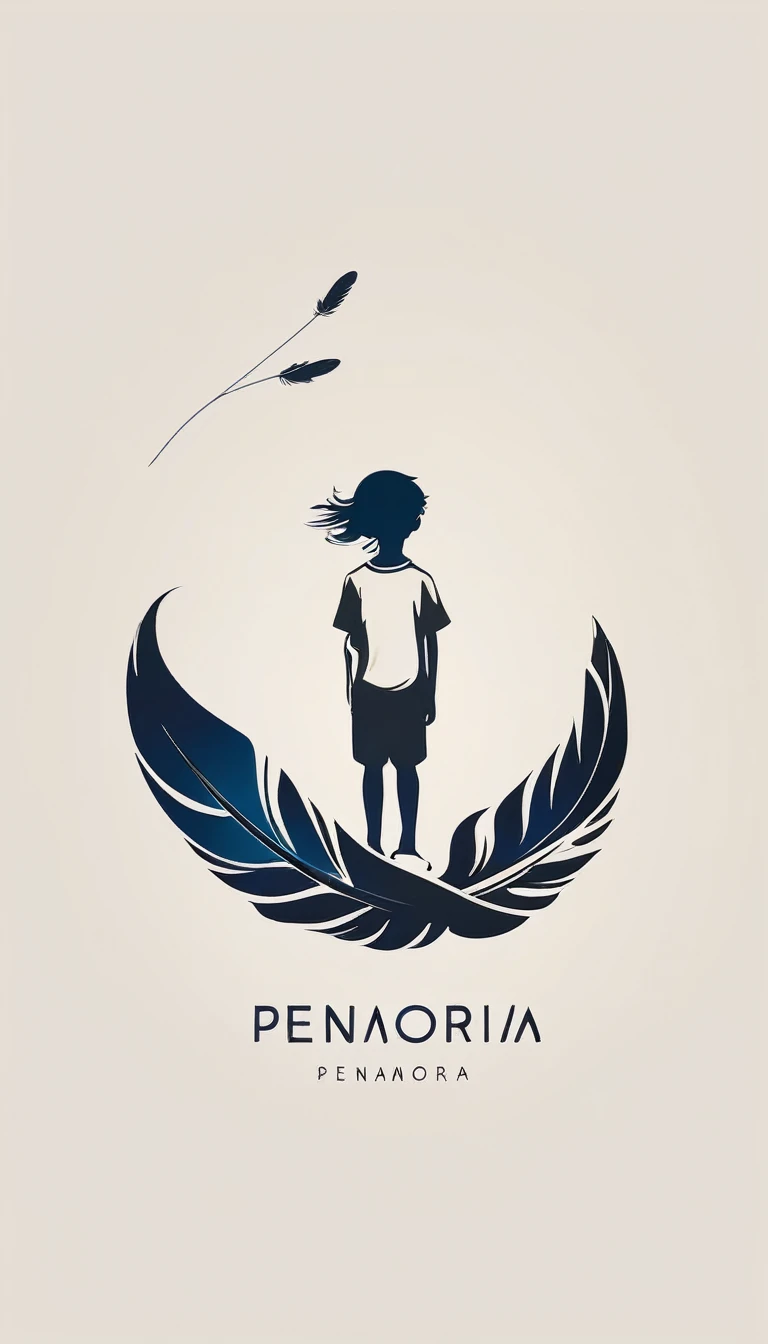 A minimalist, fantastic, poetic, dreamy, captivating, memorable, masterpiece, modern, simple logo design of a boy and a feather for the brand “Penamemoria". The logo must convey a sense of music, stories and dreams. Minimalistic logo design of a boy and a feather.