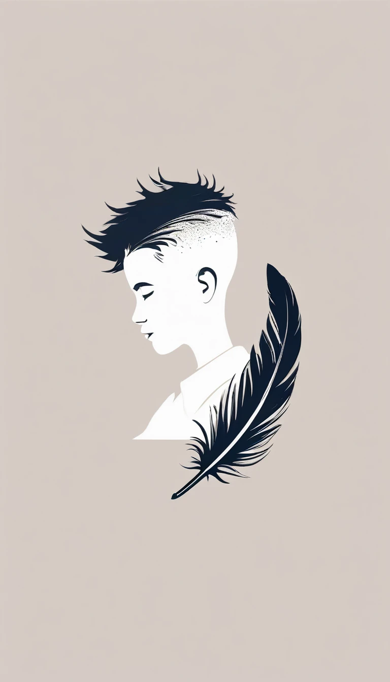 A minimalist, fantastic, poetic, dreamy, captivating, memorable, masterpiece, modern, simple logo design of a boy and a feather for the brand “Penamemoria". The logo must convey a sense of music, stories and dreams. Minimalistic logo design of a boy and a feather.
