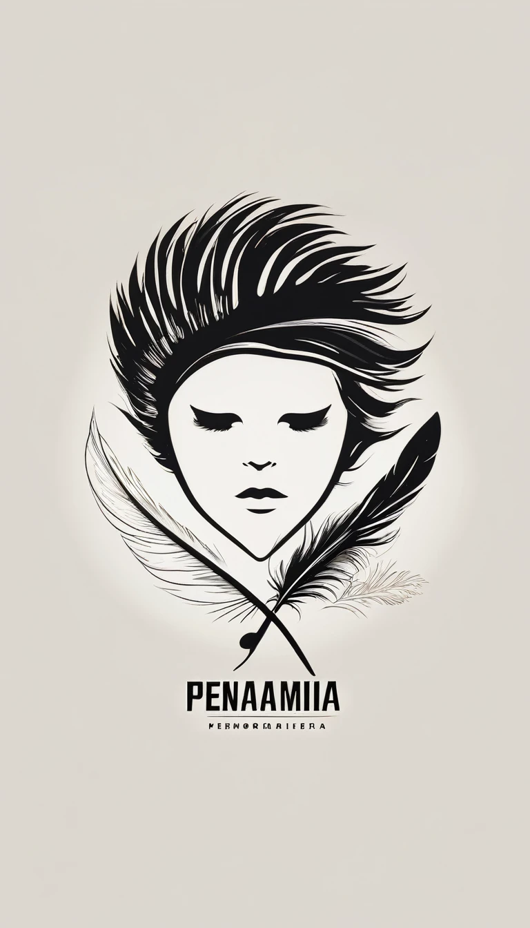 A minimalist, fantastic, poetic, dreamy, captivating, memorable, masterpiece, modern, simple logo design of a boy and a feather for the brand “Penamemoria". The logo must convey a sense of music, stories and dreams. Minimalistic logo design of a boy and a feather.