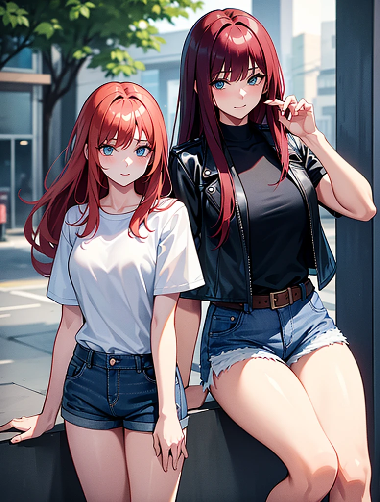 two girls, a young red-haired girl with blue eyes wearing a black leather jacket and a short white shirt with short blue denim shorts, with his daughter, a 7-year-old girl, gray hair., long hair, blue eyes white short shirt, strong blue jeans