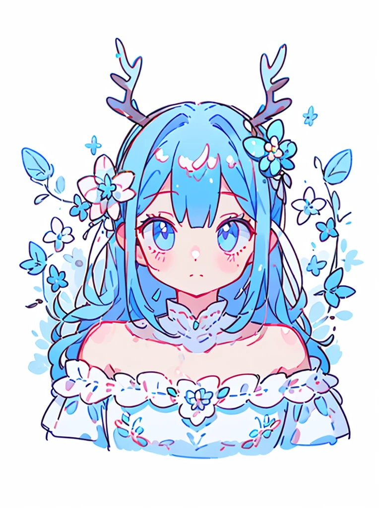 1girl, long blue hair, deer ears, white deer antlers, butterfly hair ornament, blue flower, elegant white off shoulder dress, splash background, image resolution 1024px, solo, sketch, portrait, simple background