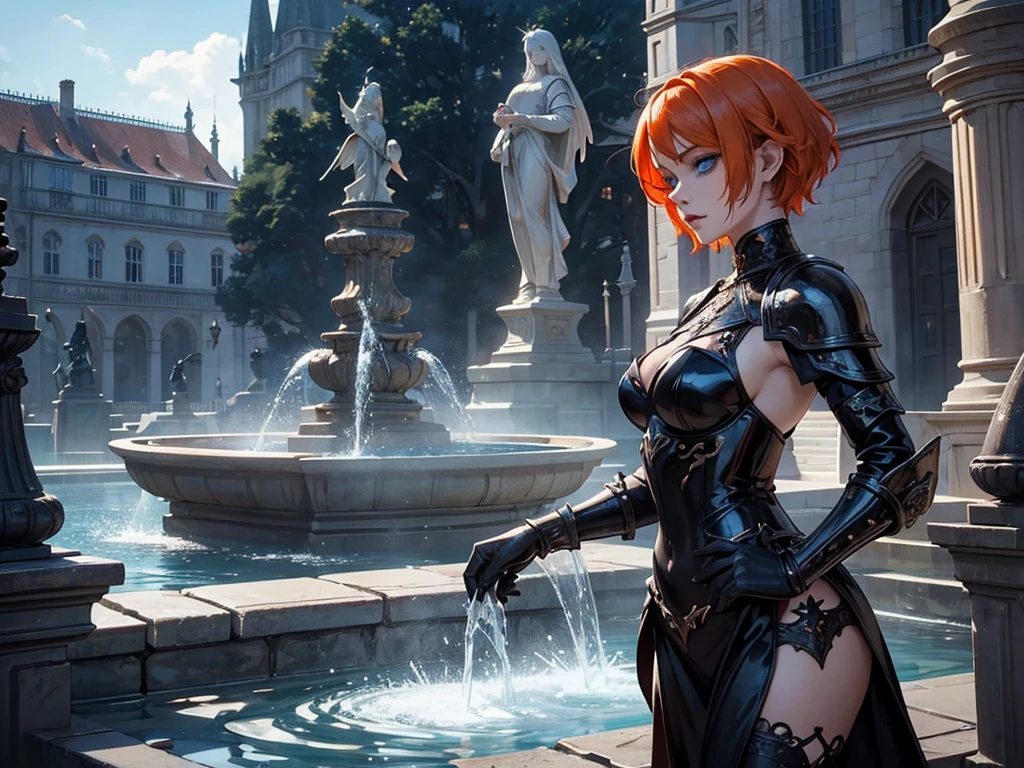 A beautiful and wonderful vampire woman, extremely detailed, short orange hair, wearing extremely detailed gothic armor, blue eyes in a fountain with statues in a medieval public square, palace, crepúsculo, 8k, linda, angel, succubus