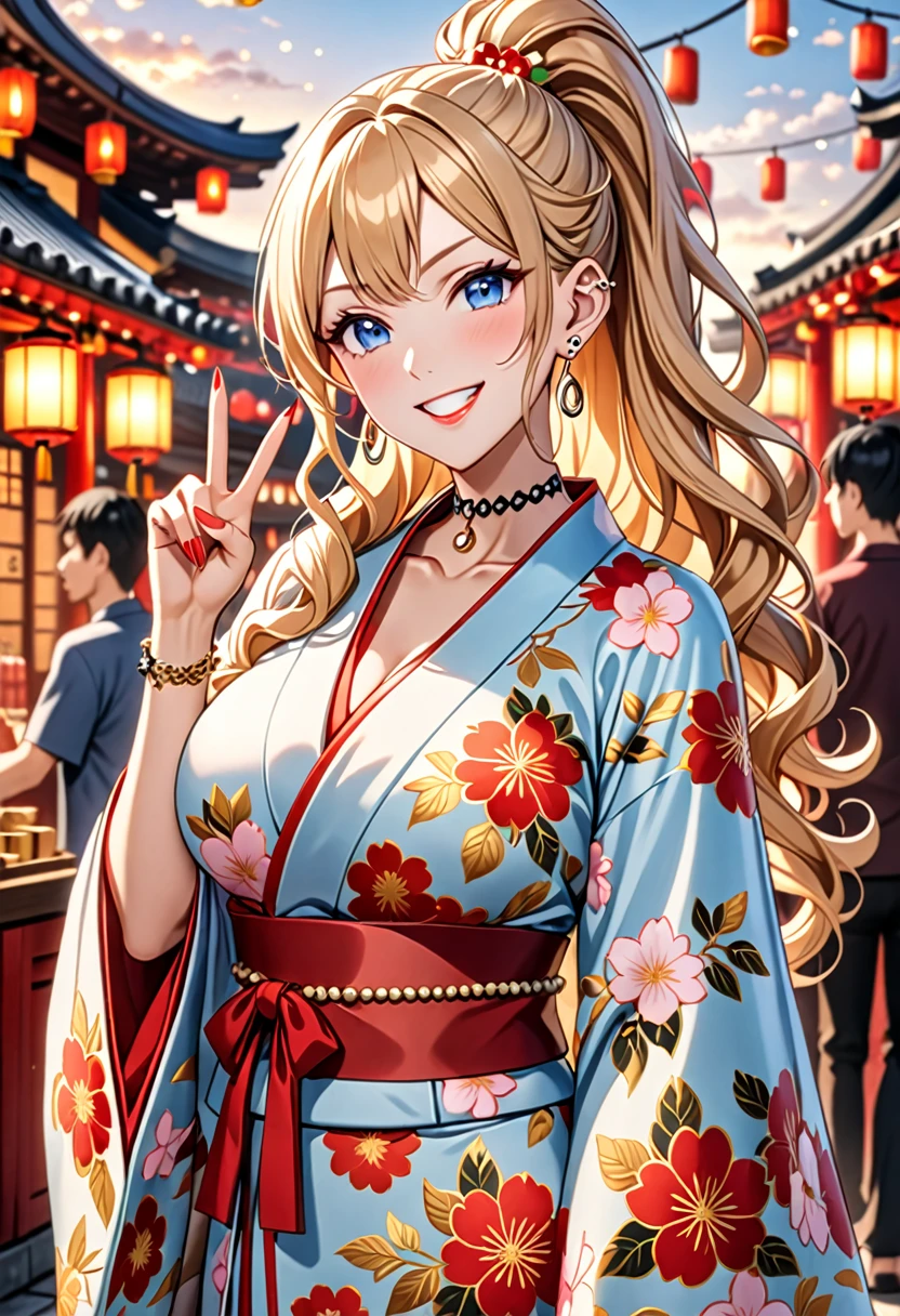 ((One personの女性)), Beautiful Face, (Laughing embarrassedly), ((smirk:1.1)), ((Wink:1.3)), (head tilt:1.3), Laugh with your mouth wide open, upper teeth, looking at viewer, ((Bright red cheeks:1.2)),Glossy Red Lips, evening, Shrine festival stalls, Glossy red lips, Shining Face, ((Anime style background)),masterpiece, Highest quality, so beautiful,up to date, Complex details, (Pink long nails), (nail art), (ring),(bracelet), (helix piercing:1.6), (Floral choker),AI-generated, Complex,High resolution, Highest quality, super high quality,3D Images、3D Images,One person,Blonde long hair,(High Ponytail), (wavy hair), Anime woman posing for a photo, ((Fine grain、Lightly pigmented blue eyes、Shining Eyes:1.3)), (Squint your eyes:1.1),a hyperRealistic , hyperRealistic , Realistic,Long and blonde anime woman, Smooth anime CG art, Pink large floral patternの刺繍が入った、Woman in luxurious kimono, (White long sleeve kimono),(Pink large floral pattern) ,Long flower hair ornament,Earrings,Mature Body,(Big Breasts:1.1),Tall,Abdominal muscles,Tight waist, ( making a peace sign), (front view),