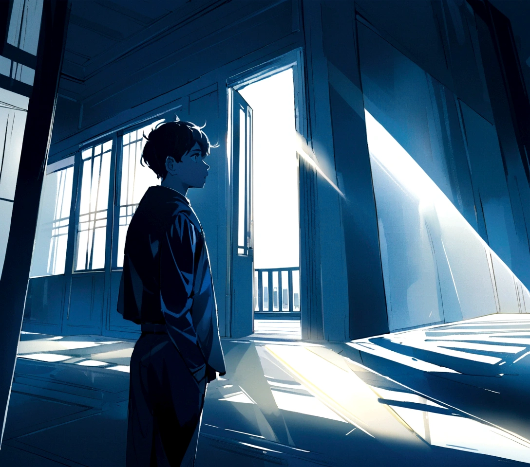A young indian young man standing near a window, light rays falling on him and light rays falling on the room floor, the boy is deeply thinking about something,digital art, navy blue theme and bright yellow rays of light 