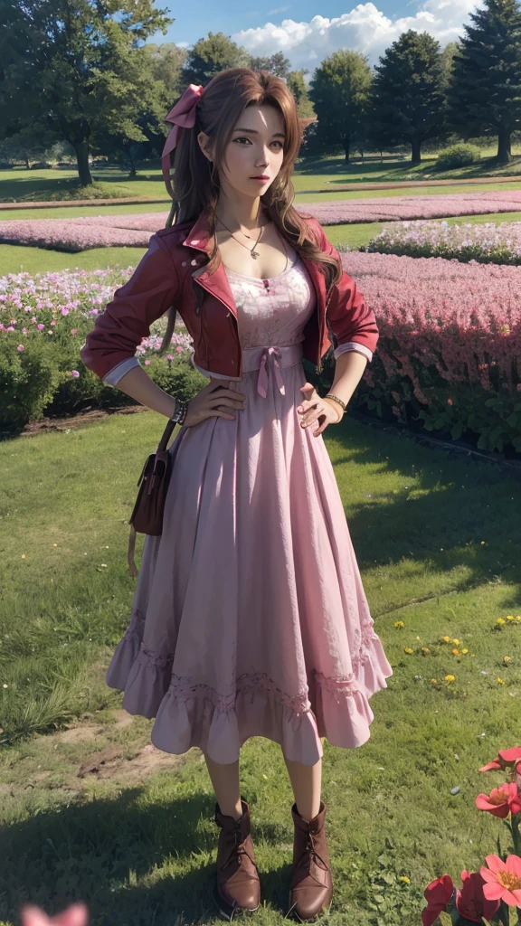 Highest quality,masterpiece,8k wallpaper,Absurd, High resolution, Super detailed, (One beautiful girl, alone:1.1),Aerith Gainsborough \(Cosplay\),red_Jacket, necklace,brown_hair,length_hair,bracelet,pink_dress,hair_ribbon,Hands on hips,Flower Field