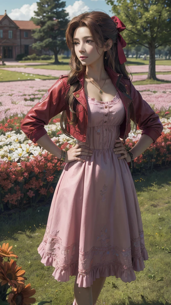 Highest quality,masterpiece,8k wallpaper,Absurd, High resolution, Super detailed, (One beautiful girl, alone:1.1),Aerith Gainsborough \(Cosplay\),red_Jacket, necklace,brown_hair,length_hair,bracelet,pink_dress,hair_ribbon,Hands on hips,Flower Field
