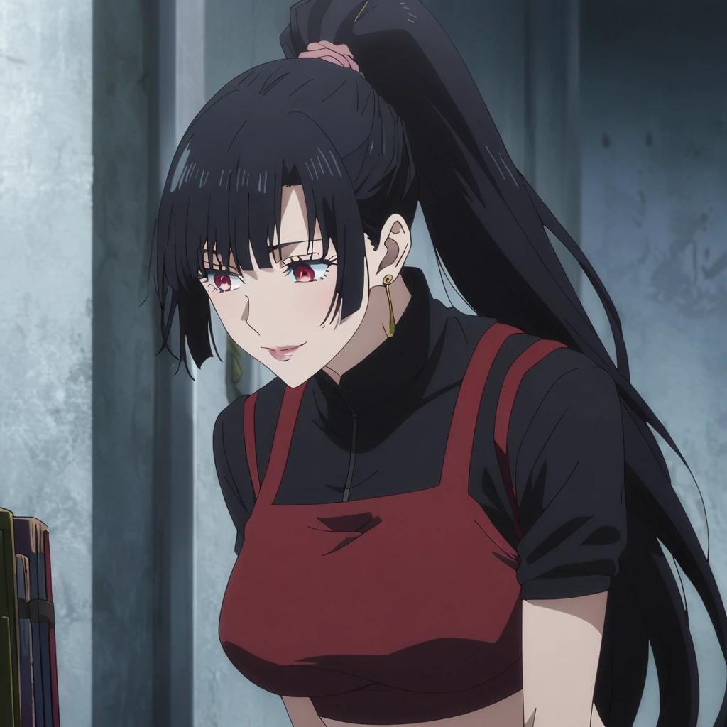 1girl, female gojo satoru, anime screencap from jujutsu kaisen, gojo satoru female version, solo, long_hair, Red eyes ((Black_hair, side bangs)), night view, (hanging breasts) upper_body, smile, indoors, book, red_eyes, lips, (high ponytail) ((wearing red crop top)) breast, "very detailed and high resolution" (Red eyes) ((long hair)) ((solo)) (front view) (earings) ((high resolution)) ((good quality)) ((side bangs))