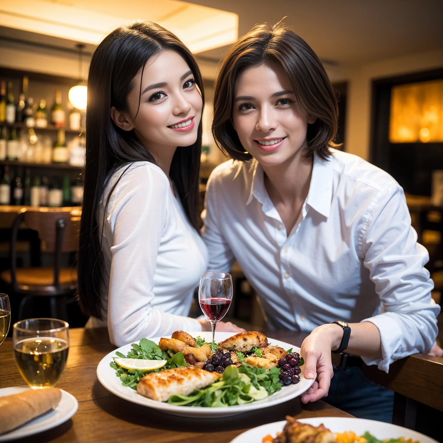 ((Highest quality、、masterpiece:1.3))、1 male 1 female、spouse、Beautiful couple、Japanese couple、smile、 (Slim face), (the body is スリム), (Brown Hair), (Shortcuts), ((Bob Hale、Straight hair:1.2)), テーブルの上のwine glass、Please shine a light on my face、 Amazing view of the sunset sky and clouds、Amazing mountain views、smileの美しさ、Bright imYear、Blushing, Shortcuts,Bright Face、 Year), 39 Year, red wine 、Appetizers、Italian food、Wine bottle、Champagne、sparkling wine、Long sleeve shirt、dress、Attractive beauty、restaurant, Nova Frog Style, actress, model, Upper Body, White wine, red wine, wine glass, 