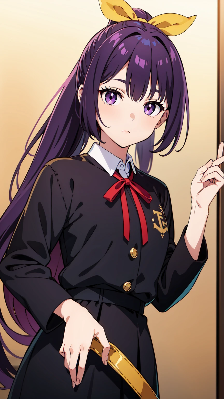 purple_eyes,Purple_hair,Bangs,Yellow hair Ribbon,long hair, high ponytail,