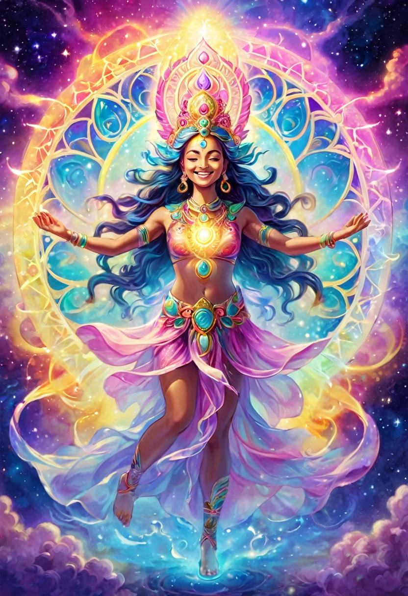 Cleansing of the chakras with cosmic energies in luminous pastel colors, perfect lighting, energy circulation, and smiles.