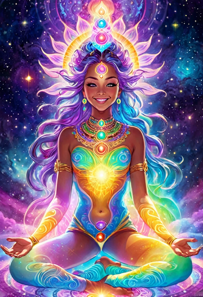 Cleansing of the chakras with cosmic energies in luminous pastel colors, perfect lighting, energy circulation, and smiles.