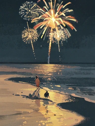 (masterpiece:1.2), (highest quality:1.2), (watercolor), (no human), only background, fireworks in the sky, beach, ocean and sky background, dark sky, midnight, at night, nighttime