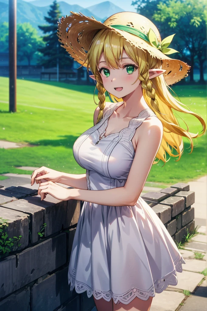 Suguhakirigaya, Suguhakirigaya, Long Hair,Blonde,Green Eyes,Pointy Ears,Short braids,,happy smile, smile, Open your mouth,Big Breasts,White straw hat,White sleeveless dress, bare arms,Green long skirt,Cute Sandals,Are standing,Clear skies,whole bodyがイラストに入るように,
break outdoors, nature, forest,
break looking at viewer, whole body,
break (masterpiece:1.2), Highest quality, High resolution, unity 8k wallpaper, (shape:0.8), (Beautiful attention to detail:1.6), Highly detailed face, Perfect lighting, Extremely detailed CG, (Perfect hands, Perfect Anatomy),