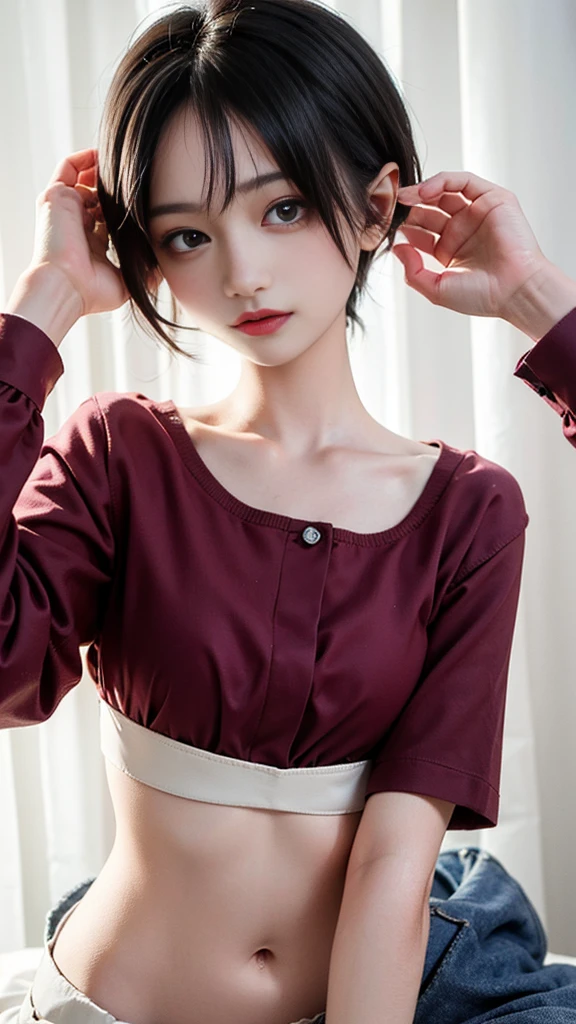 (masterpiece、top-quality、absurderes:1.3)、illustratio、Medium bob、(pov hand)、grabbing on breasts、Cute s、Write、The upper part of the body、shorth hair、Loose red shirt、a bed、Perfect human body