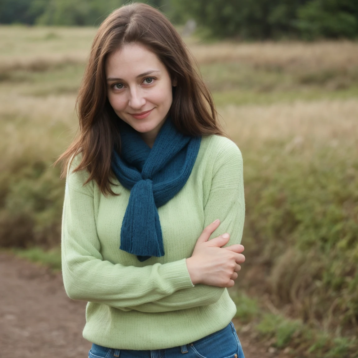 1 girl, solo, Caucasian, Young Woman, photorealistic, RAW image, (Photo of Amalia Fuentes and Patricia Clarkson combined), name is Mako, (((40 years old woman))), (((Green eyes))), (((Brunette hair))), ((long hair)), (((full body))), ((close Shot)), (((slim body))), ((wearing jeans and blue sweater)), (at the trail in Ireland), smirk, random pose