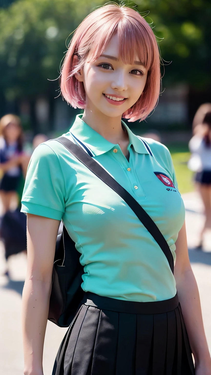 (Realistic、Like a photograph、Live Action、8K, Realistic, RAW Photos, Best image quality: 1.4), Single-lens reflex camera、RAW Photos, Highest quality, Realistic, Very detailedな CG Unity 8K 壁紙, Written boundary depth, Cinematic Light, Lens flare, Ray Tracing, Realistic background、Many people々々:1.4、((high school girl:1.4、Polo shirt:1.3、Uniform skirt:1.3)、Small breasts、Sports bag slung across the shoulder、The straps of the bag pass between the chest:1.2、Paisla:1.2)、((Ultra-Dense Skin))、 1 female,かわいいhigh school girl、((Girls cheering in the schoolyard、support、(whole body:1.5)、Smiling at school))、Pink inner color hair、short hair:1.2、tie your hair with a hair clip、slender、stylish、Very detailed、Pay attention to the details、Perfect outfit、(Sunburned skin)、Beautiful legs:1.1，front
