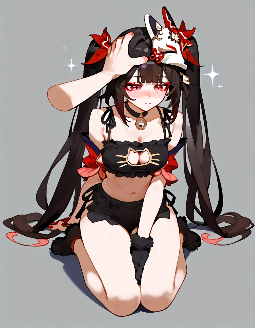 anime artwork, score_9, score_8_up, score_7_up, score_6_up, score_5_up, score_4_up,sparkle \(honkai: star rail\),1girl, twintails, black hair, medium breasts, red eyes, red eyeshadow, fox mask,
, , , , she is 24 years old, , ,horny, , , , style_3, ,,, floox style, grey background,headpat,black cat lingerie, disembodied hand, petting, , blush, nose blush, cat gloves, paws, on knees,