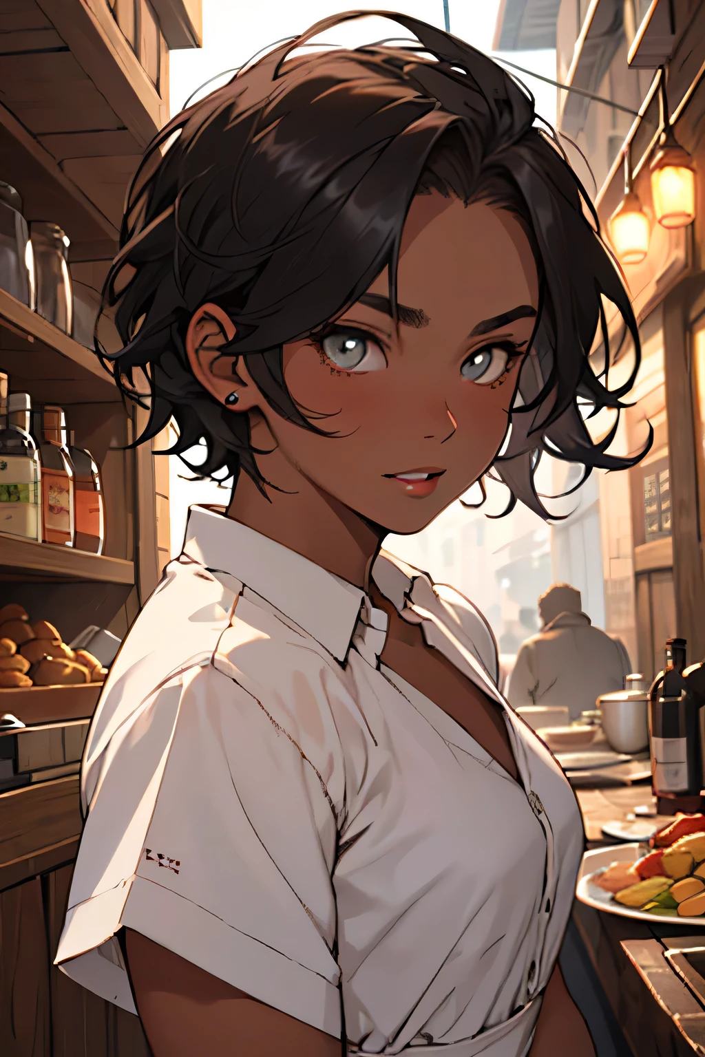 short ear length, undercut hair, black curly-haired woman, an oval face, tanned skin, thick glowing lips, almond-shaped eyes, wearing tavern girl's dress, masculine face, tomboy girl. 