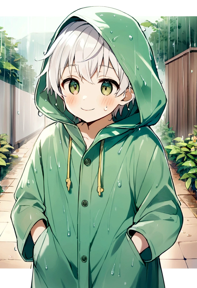 1 boy, white hair, Cute face, summer rainy season raining, wearing a raincoat